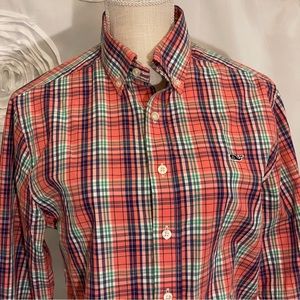 Vineyard Vines slim fit button-down whale shirt, coral plaid, like new, S